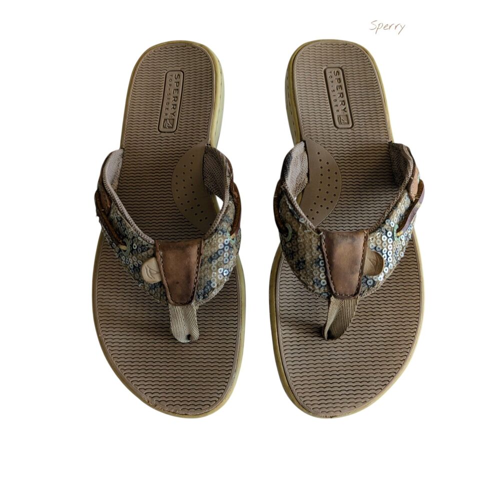 Sperry Top-Sider Sequin Animal Print Flip Flop Thong Sandals Brown